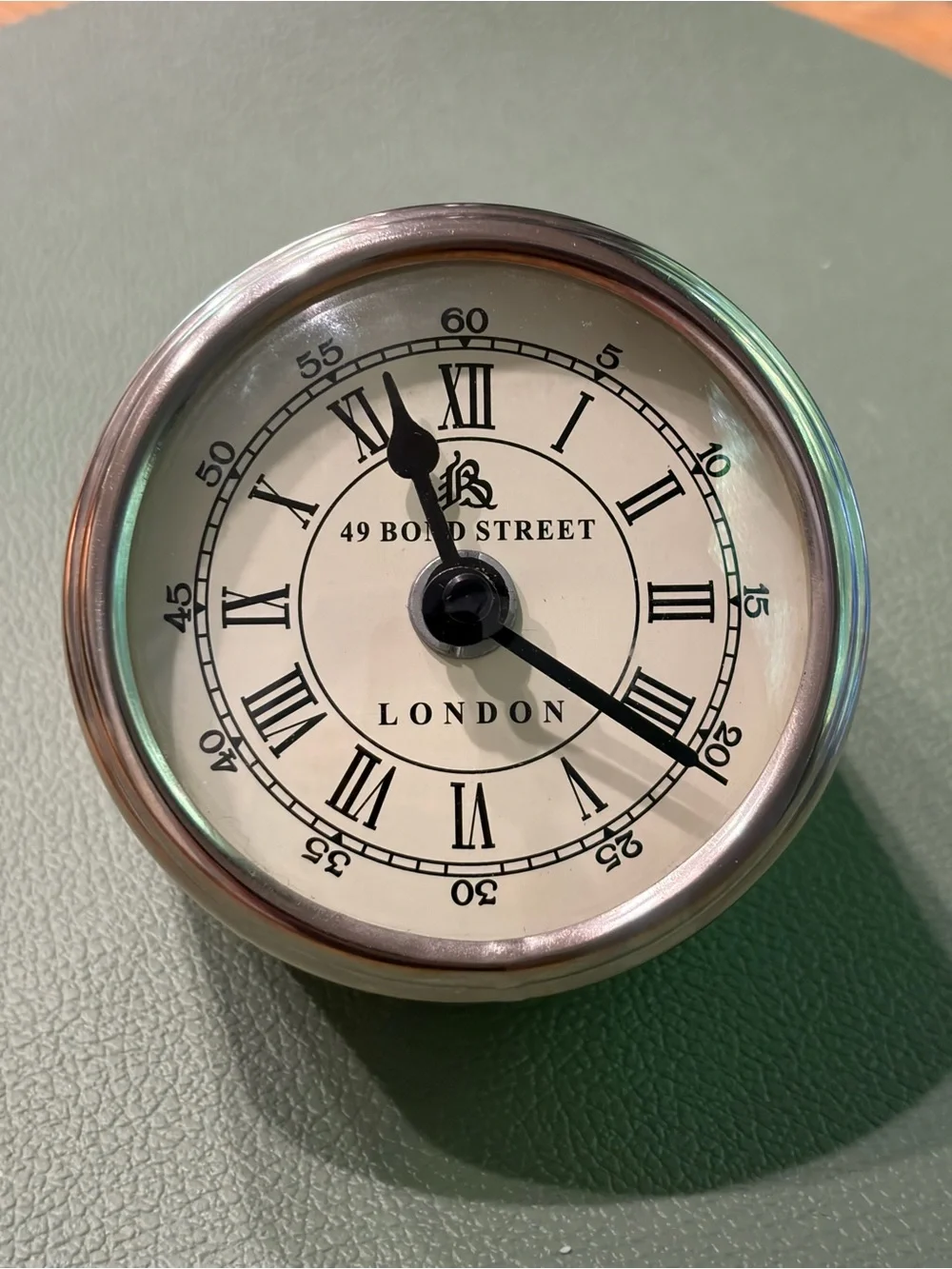 49 Bond Street London Silver Tone Roman Numeral Mantel Desk Clock